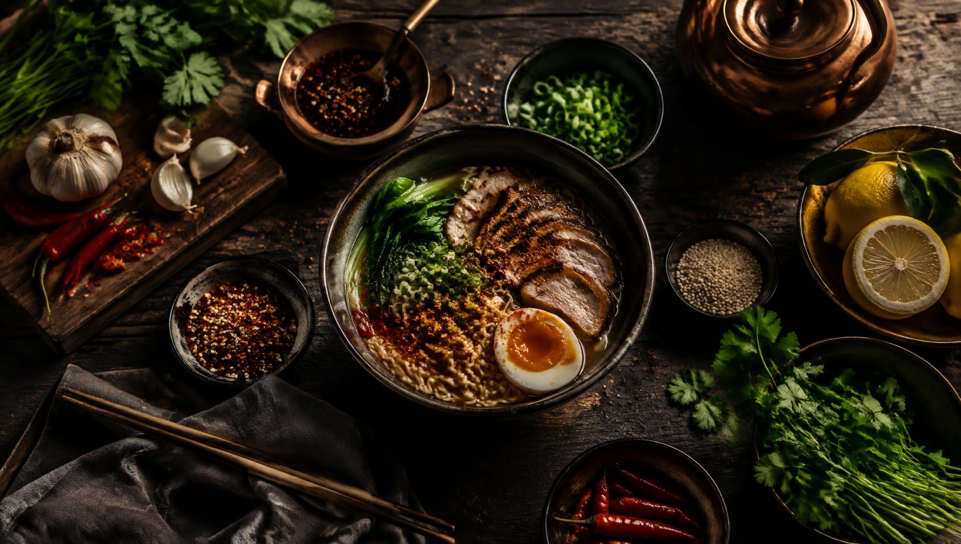 Ramen surrounded by fresh ingredients on a dark table